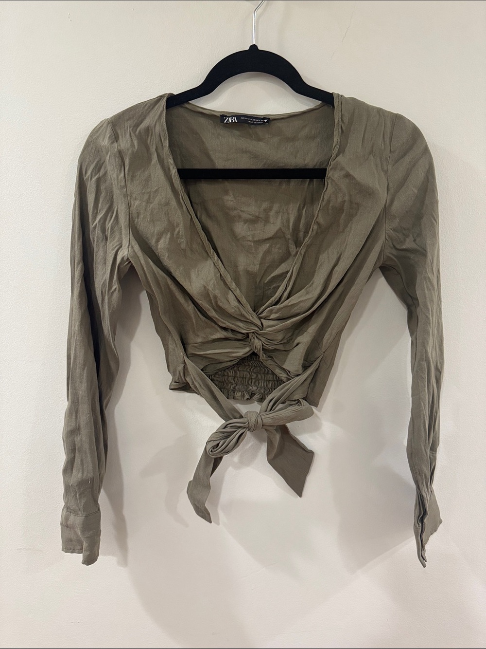 Zara Olive-Tone Tie Front Long Sleeve Crop Top